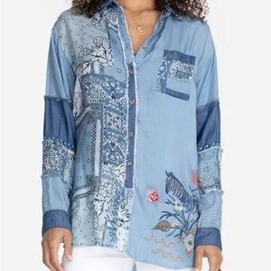 JOHNNY WAS Bandana Mixup button down top / tunic, embroidered and patchwork